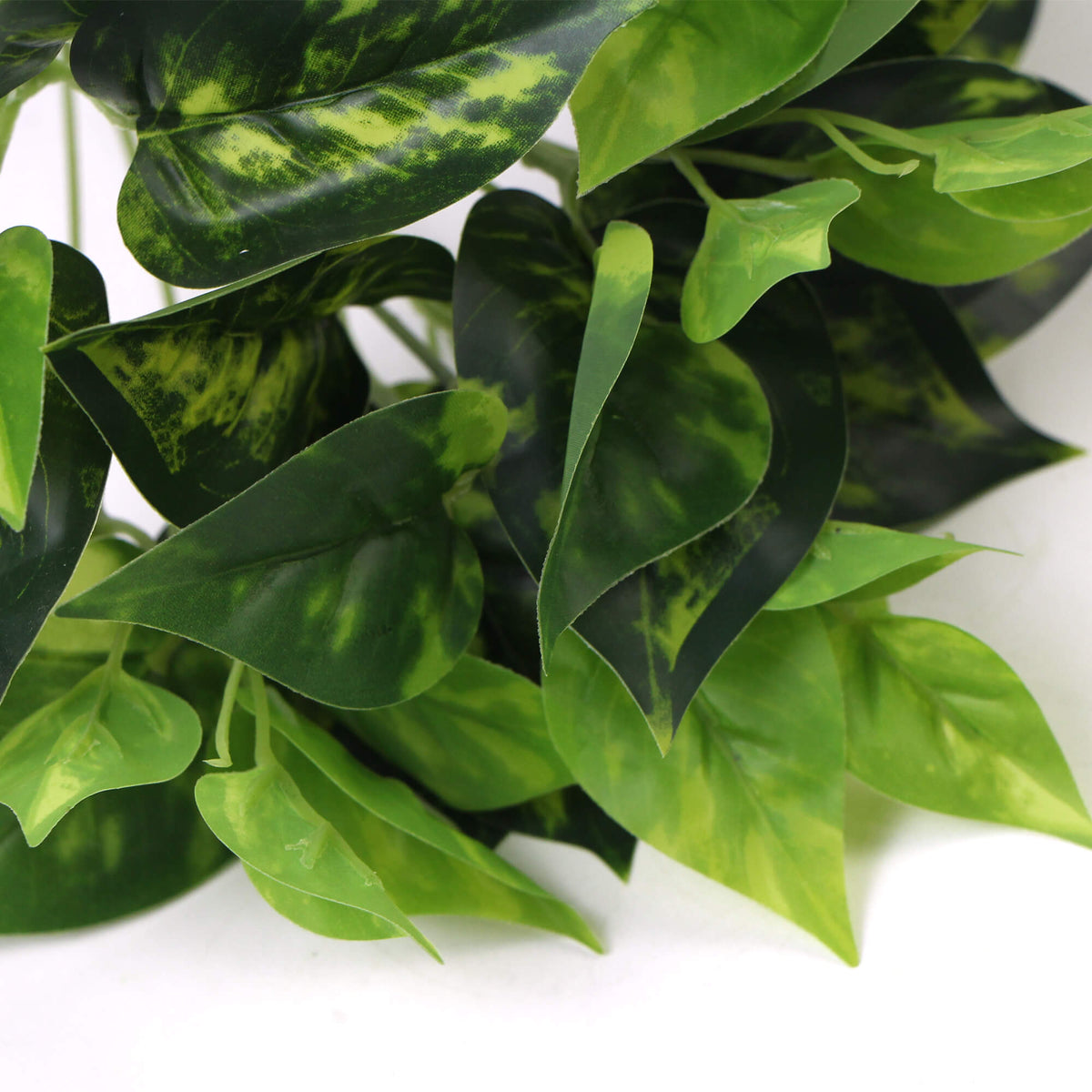 Close-up of Designer Plants USA artificial Pothos Devil's Ivy hanging bush with lush green leaves, 9.5-inch size.