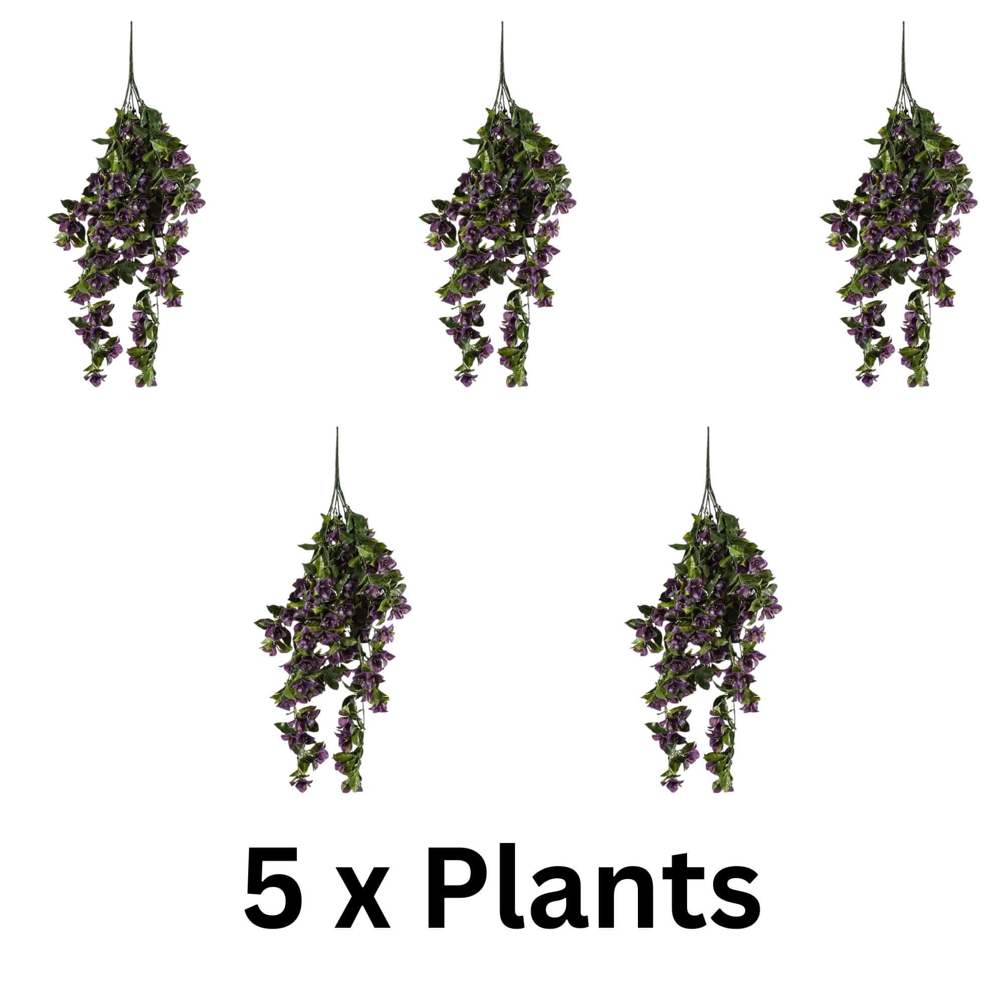 Set of five 35-inch purple bougainvillea artificial hanging plants, UV resistant, from Designer Plants USA, perfect for outdoor decor.