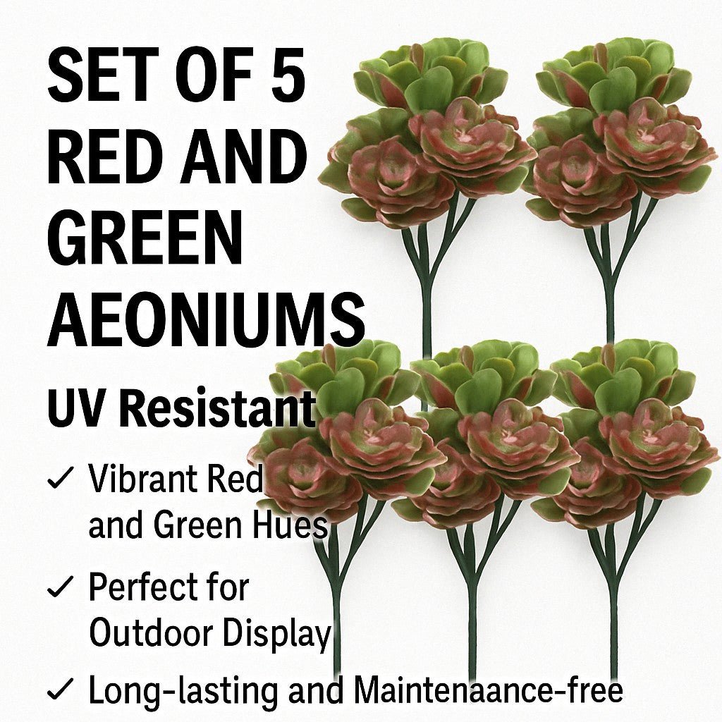 Set of five red and green Aeoniums artificial succulents, UV resistant topiary set, 11.8 inches tall, for hanging or decorative use.