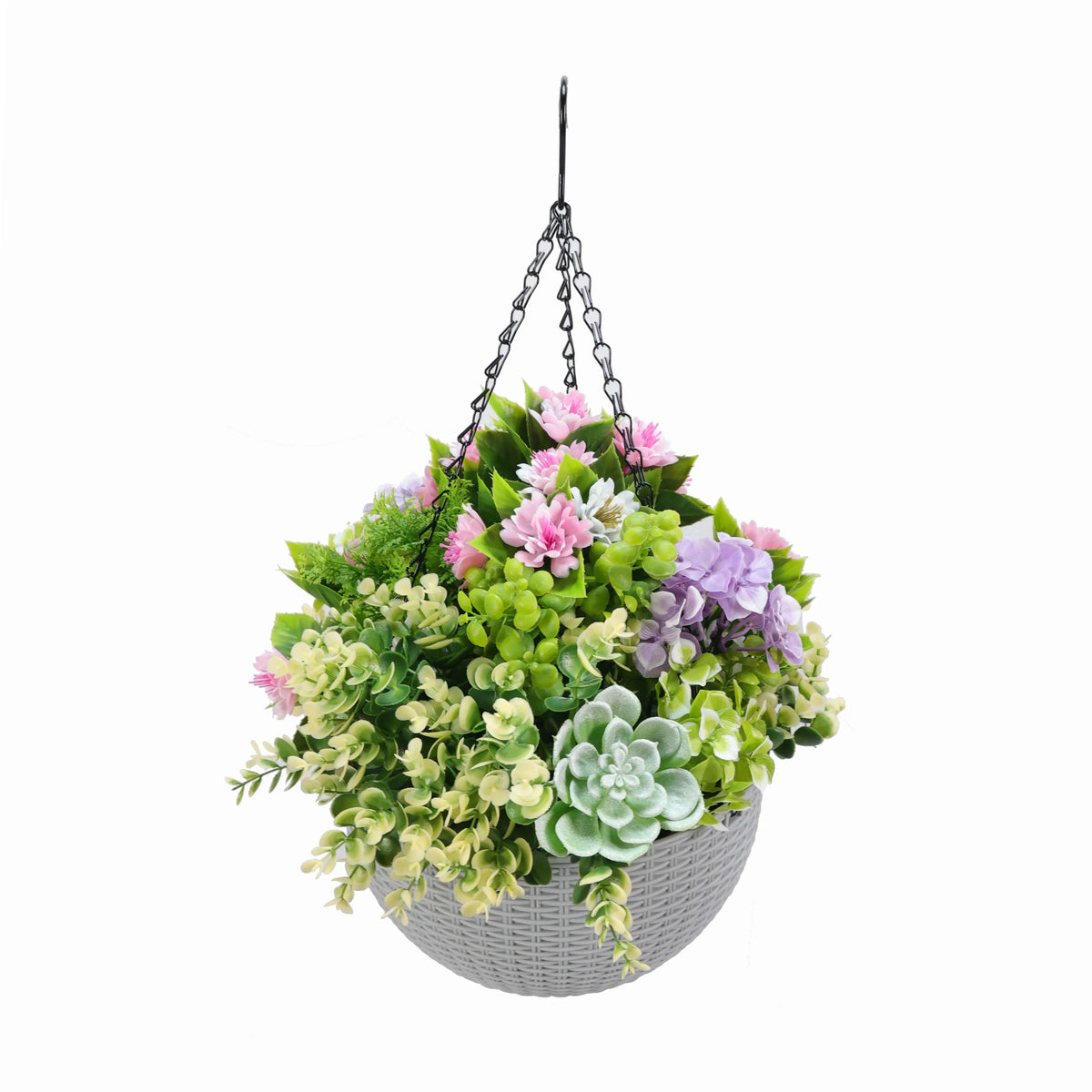 Artificial 14-inch hanging succulent basket by Designer Plants USA, UV resistant and perfect for indoor or outdoor decor.