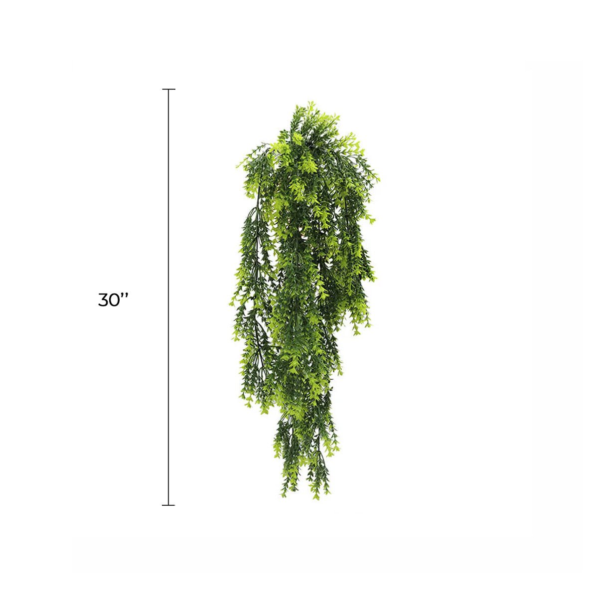 Vivid green dense fern artificial hanging plant, 30 inches tall, UV resistant, perfect for indoor or outdoor decor.