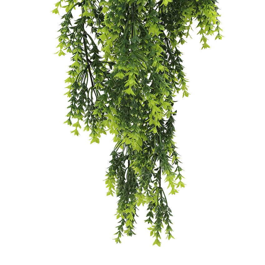 Vivid green dense fern artificial hanging plant, 30 inches tall, UV resistant, from Designer Plants USA, ideal for outdoor decor.