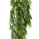 Vivid green dense artificial fern hanging plant, 30 inches tall, UV resistant, perfect for outdoor decor by Designer Plants USA.