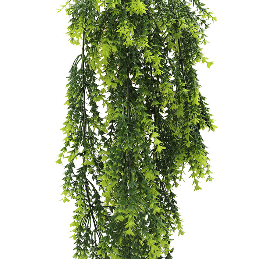 Vivid green dense artificial fern hanging plant, 30 inches tall, UV resistant, perfect for outdoor decor by Designer Plants USA.