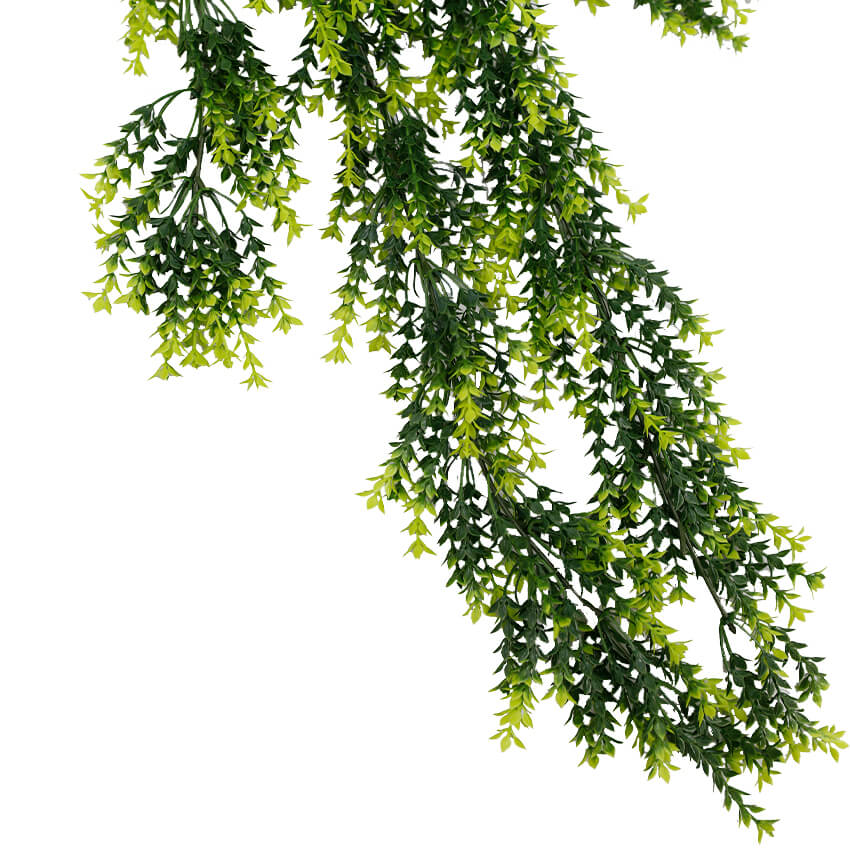 Vivid green dense fern artificial hanging plant, 30 inches tall, UV resistant, suitable for indoor or outdoor decor by Designer Plants USA.