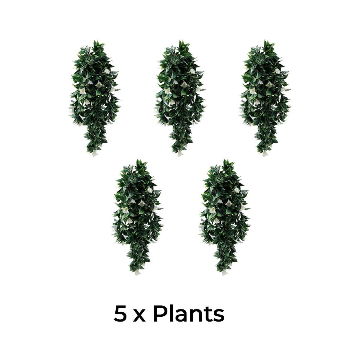 Set of 5 white artificial Bougainvillea hanging plants, 35 inches, UV resistant, from Designer Plants USA.