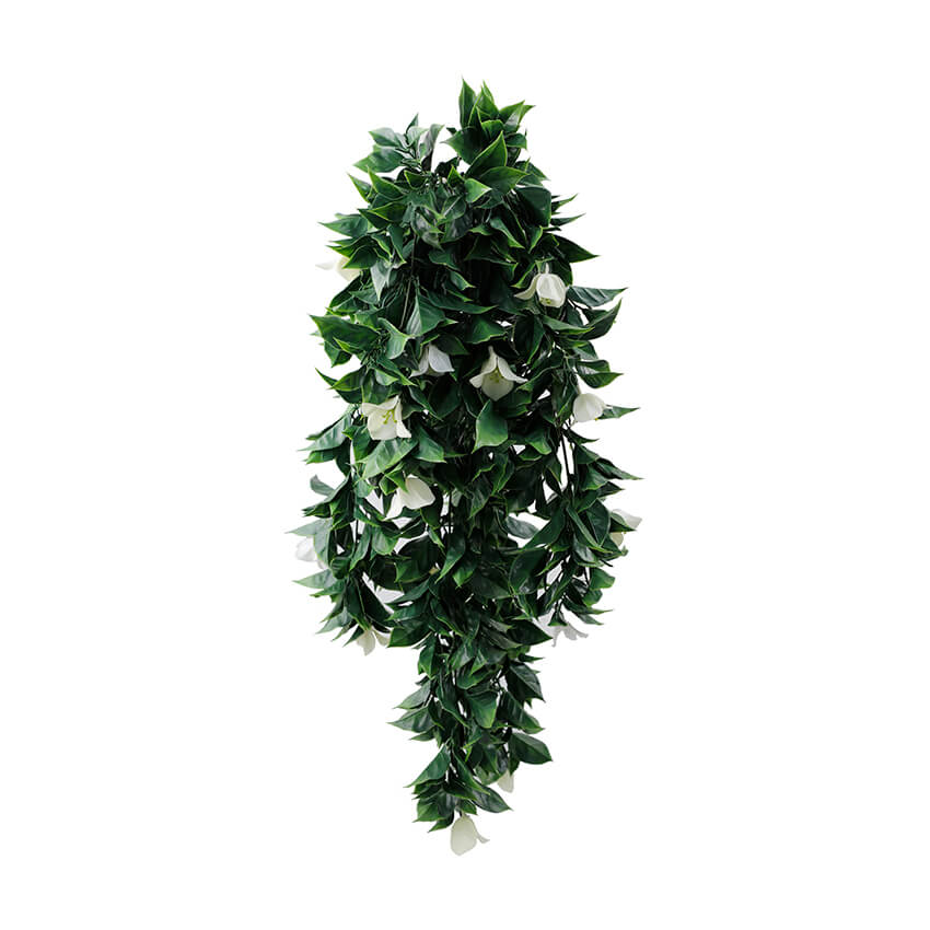 Set of 5 white bougainvillea artificial hanging plants, 35 inches tall, UV resistant, from Designer Plants USA.