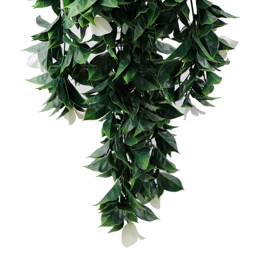 Set of five white Bougainvillea artificial hanging plants, 35 inches tall, UV resistant, ideal for outdoor decor.