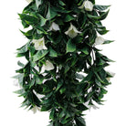 Set of five white bougainvillea artificial hanging plants, 35 inches tall, UV resistant, designed for outdoor decor by Designer Plants USA.