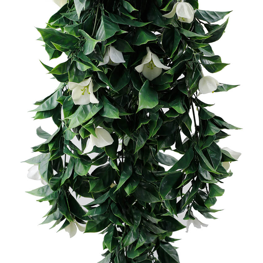 Set of five white bougainvillea artificial hanging plants, 35 inches tall, UV resistant, designed for outdoor decor by Designer Plants USA.