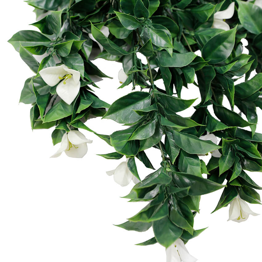 Set of 5 white bougainvillea artificial hanging plants, 35 inches tall, UV resistant, from Designer Plants USA.