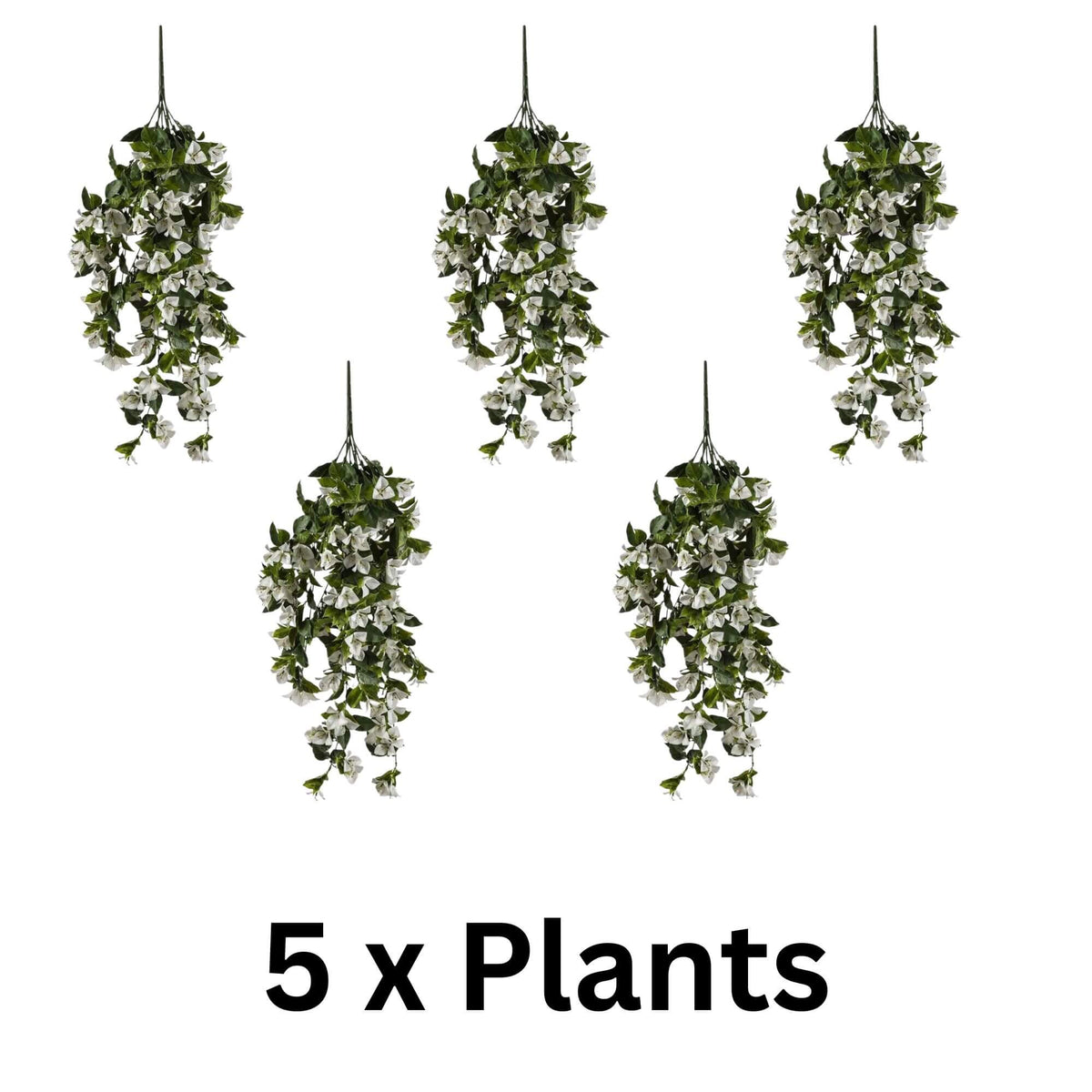 Set of 5 white bougainvillea artificial hanging plants, 35 inches tall, UV resistant, perfect for outdoor decor.