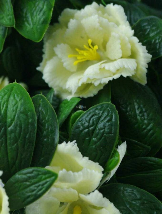 Close-up of white rose artificial hanging plant with UV-resistant stems, 18 inches tall, from Designer Plants USA.