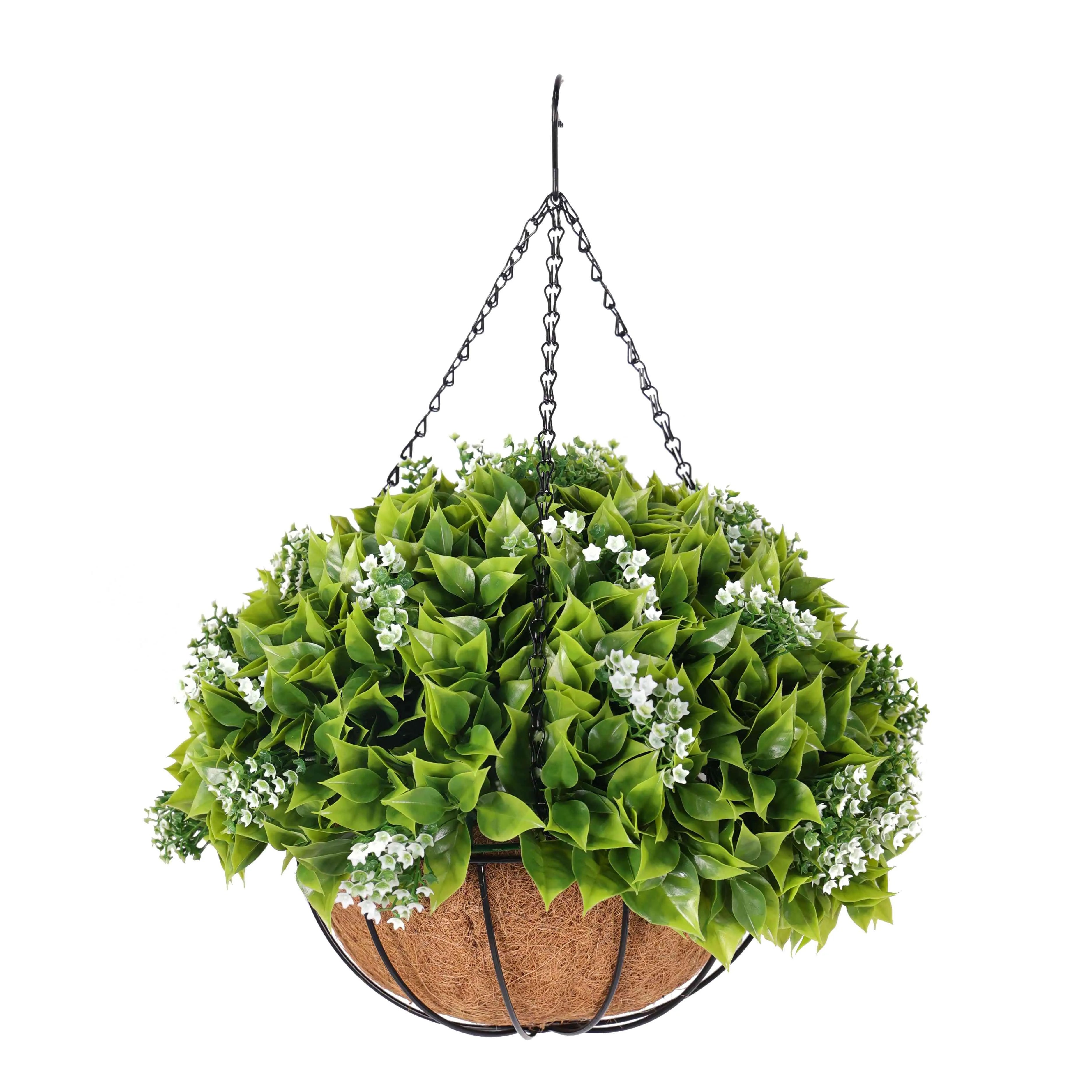 Artificial Wide Leaf Buxus flowering hanging basket, 18 inches, UV resistant, with lush green leaves in a hanging planter.
