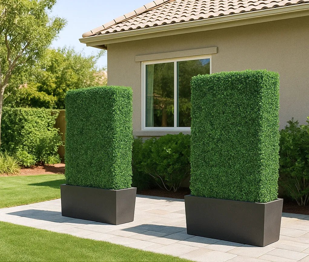 Artificial boxwood hedge by Designer Plants USA, 6ft UV-resistant commercial-grade hedge for backyard privacy, lush green foliage.