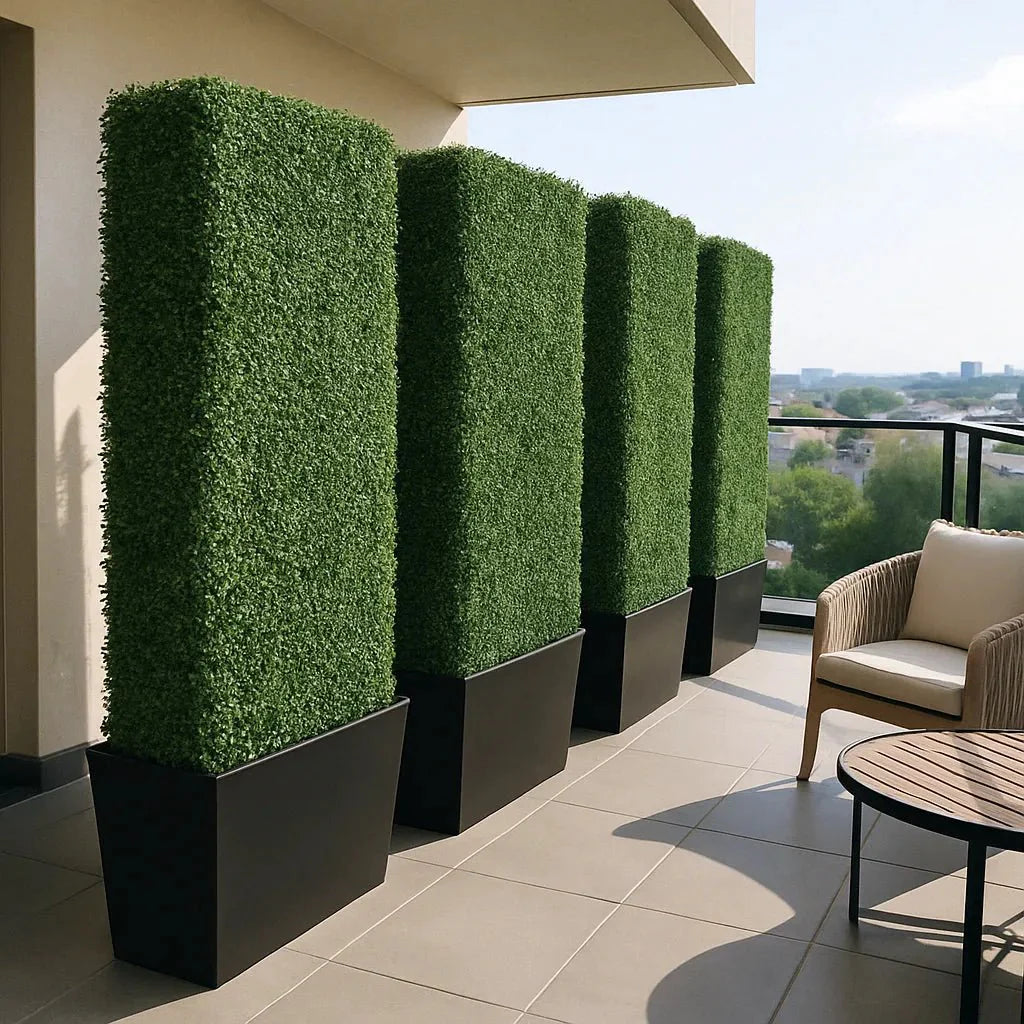 Artificial Boxwood Hedge 7.5ft by Designer Plants USA, UV resistant commercial-grade hedge for balcony privacy.