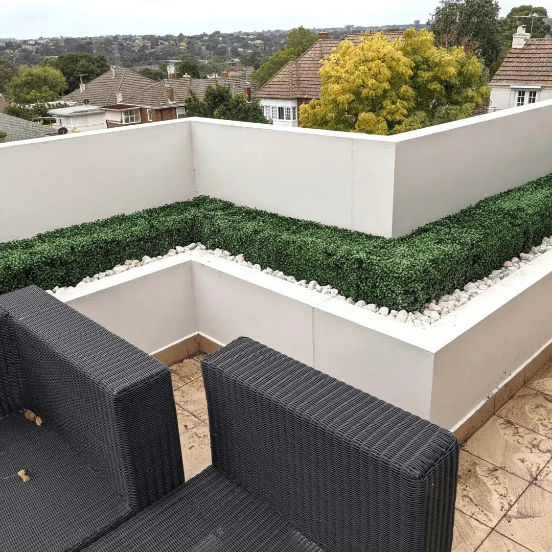 Dark Boxwood artificial hedge by Designer Plants USA, UV resistant 40x10 inch faux hedge for commercial or decorative outdoor use.