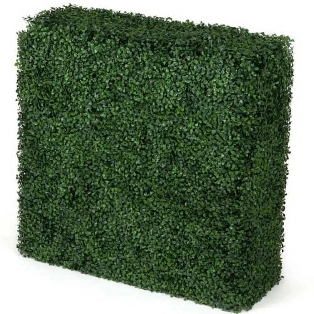 Two-tone green artificial boxwood hedge, 30x30 inches, UV resistant, commercial grade, by Designer Plants USA.