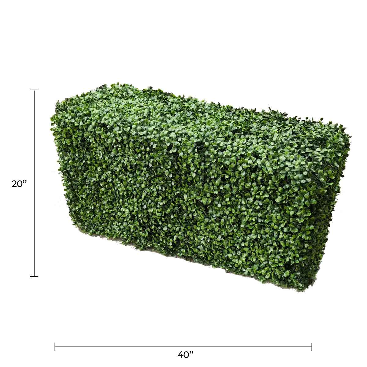 Two-tone green artificial boxwood hedge by Designer Plants USA, UV resistant, 40x20 inches, commercial grade for outdoor use.