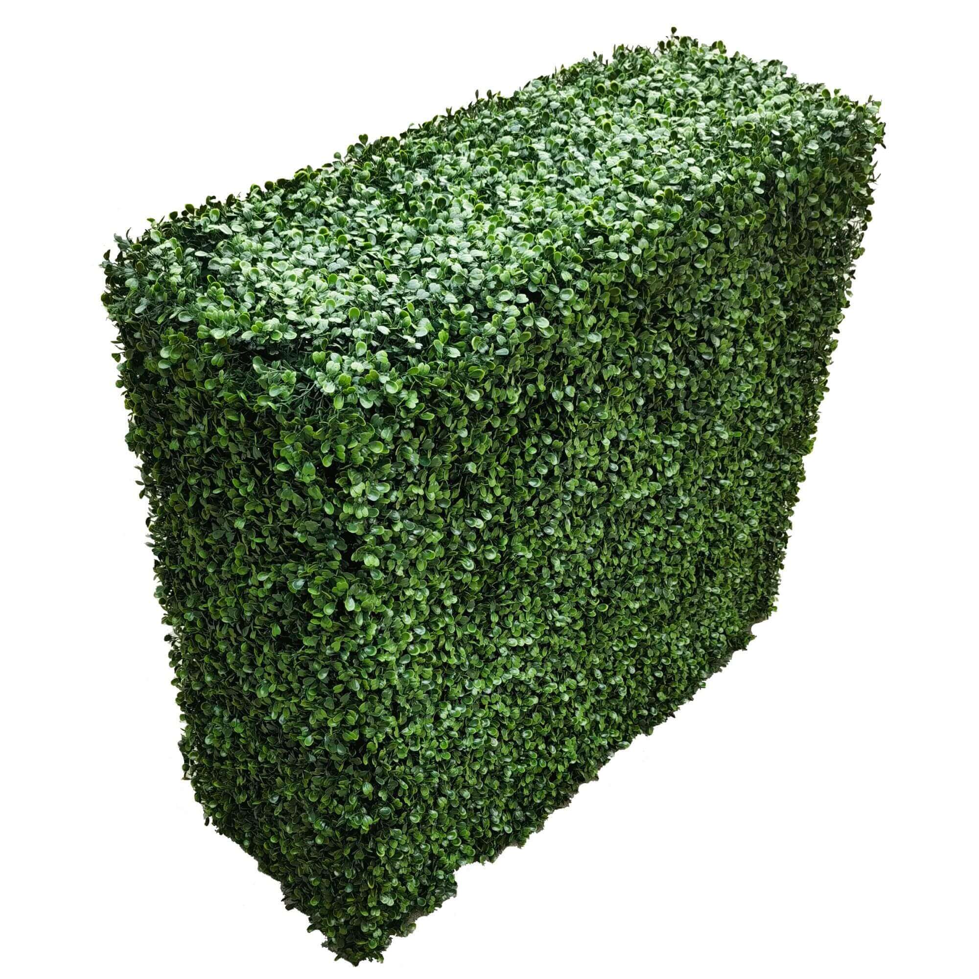 Two-tone green artificial boxwood hedge from Designer Plants USA, UV resistant, 40x40 inches, side view of freestanding commercial-grade hedge.