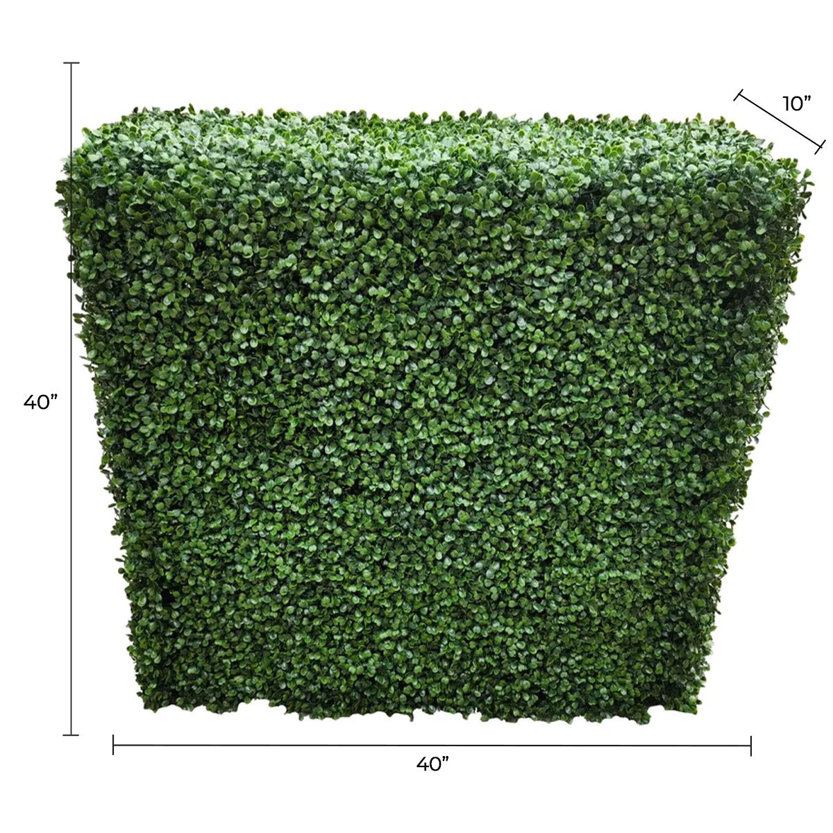 Two-tone green artificial boxwood hedge by Designer Plants USA, 40x40 inches, UV resistant, commercial grade for outdoor use.