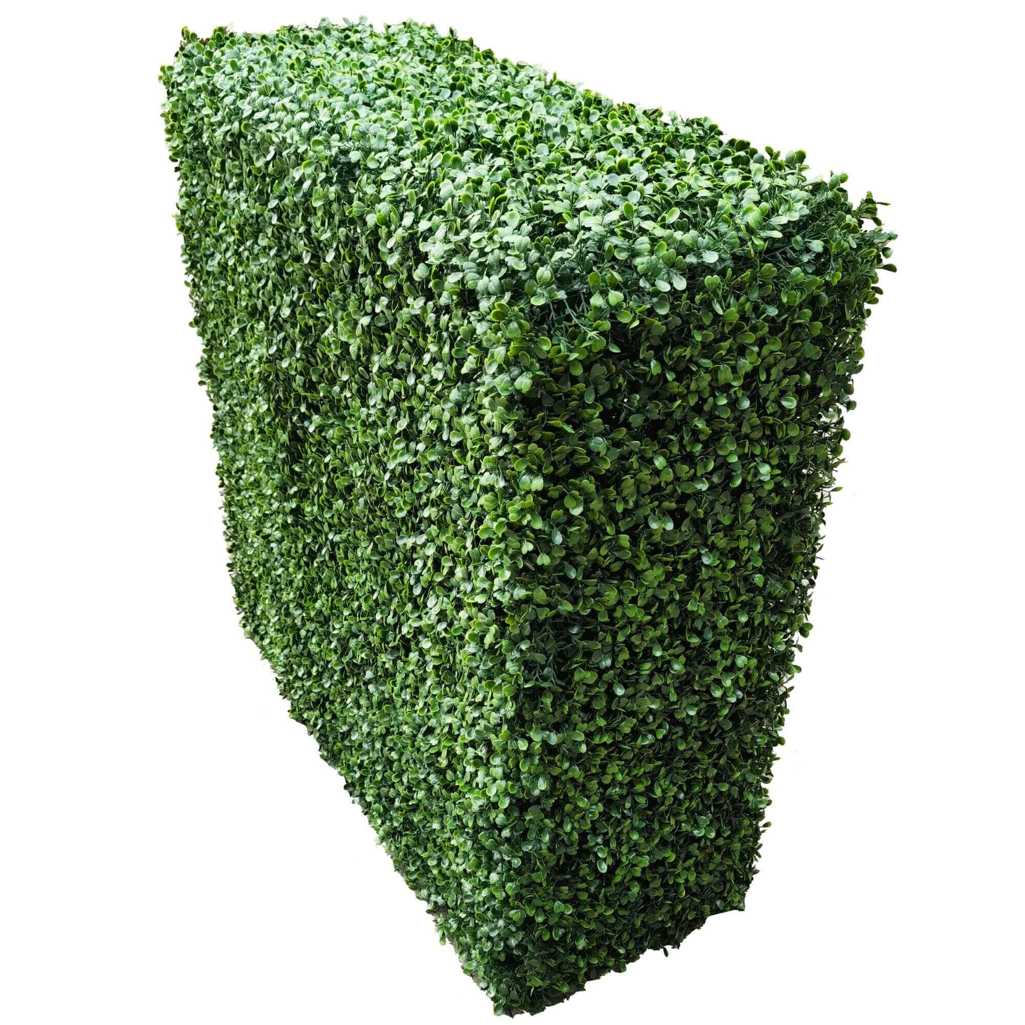 Two-tone green Designer Plants USA artificial boxwood hedge, 40x40 inches, UV resistant, commercial grade, shown from end view.