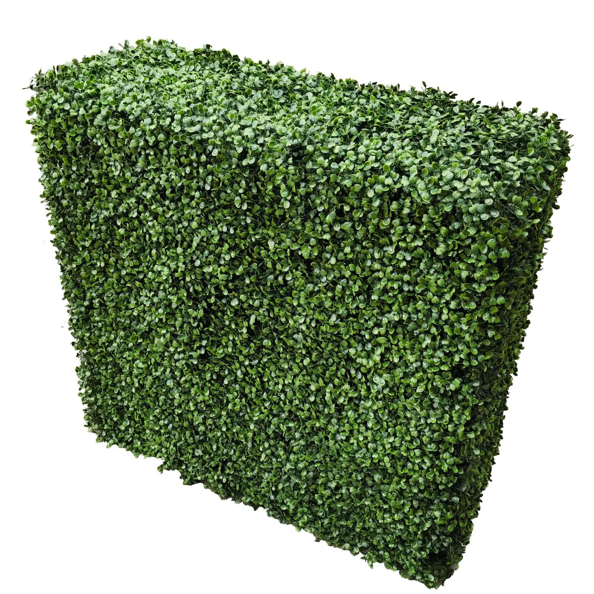 Two-tone green artificial boxwood hedge by Designer Plants USA, UV resistant, 40x40 inch commercial-grade faux hedge.