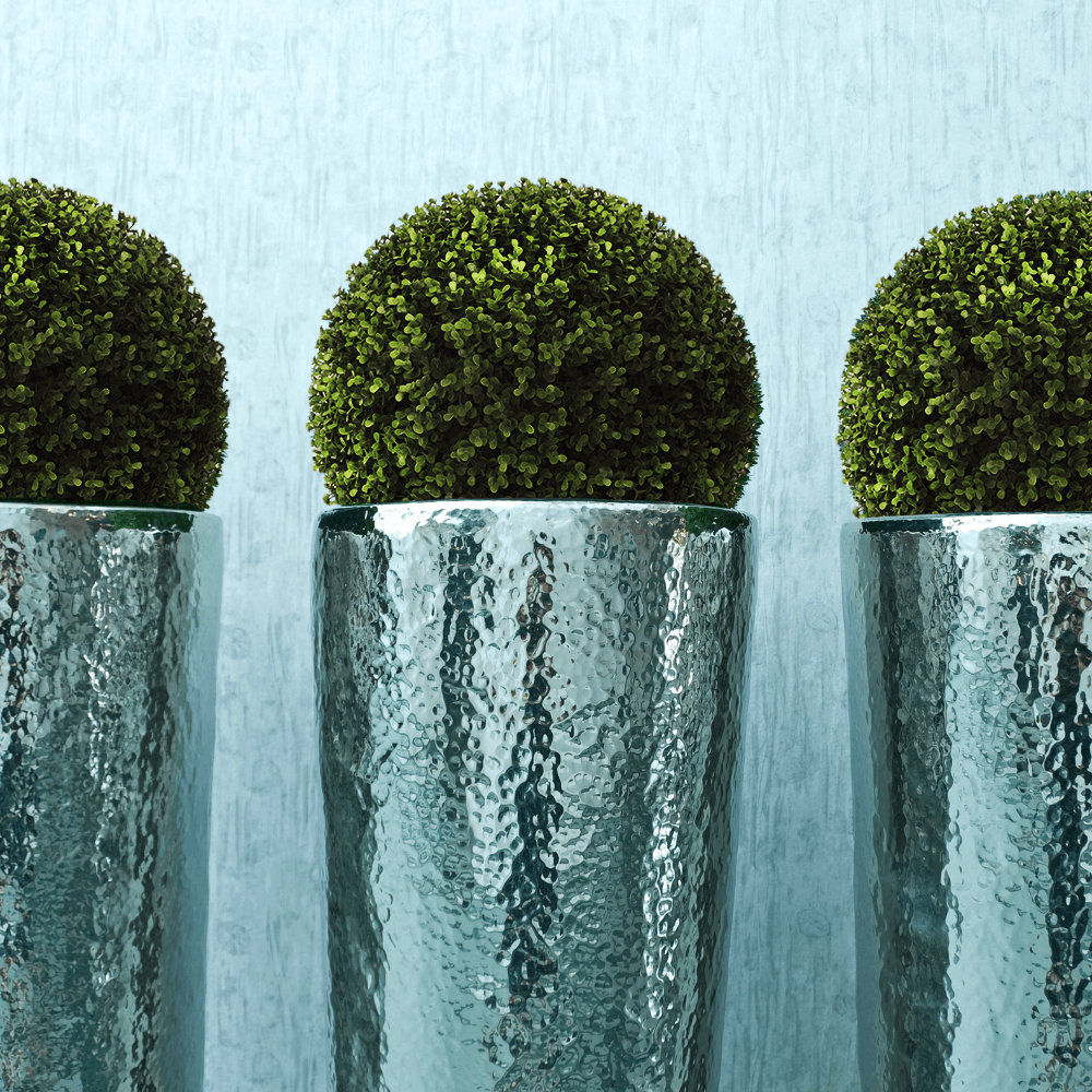 Set of two 17-inch Designer Plants USA faux Buxus topiary balls in silver planters, UV resistant artificial greenery.