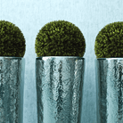 Set of two 17-inch Designer Plants USA faux Buxus topiary balls in silver planters, UV resistant artificial greenery.