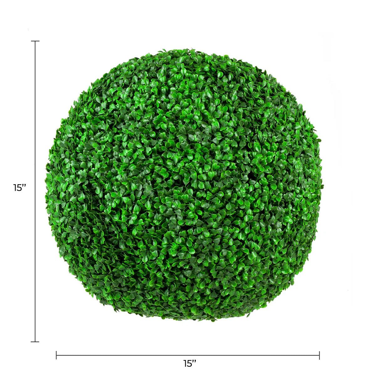 Set of two 15-inch UV-resistant artificial boxwood topiary balls by Designer Plants USA, lush green and decorative for outdoor use.