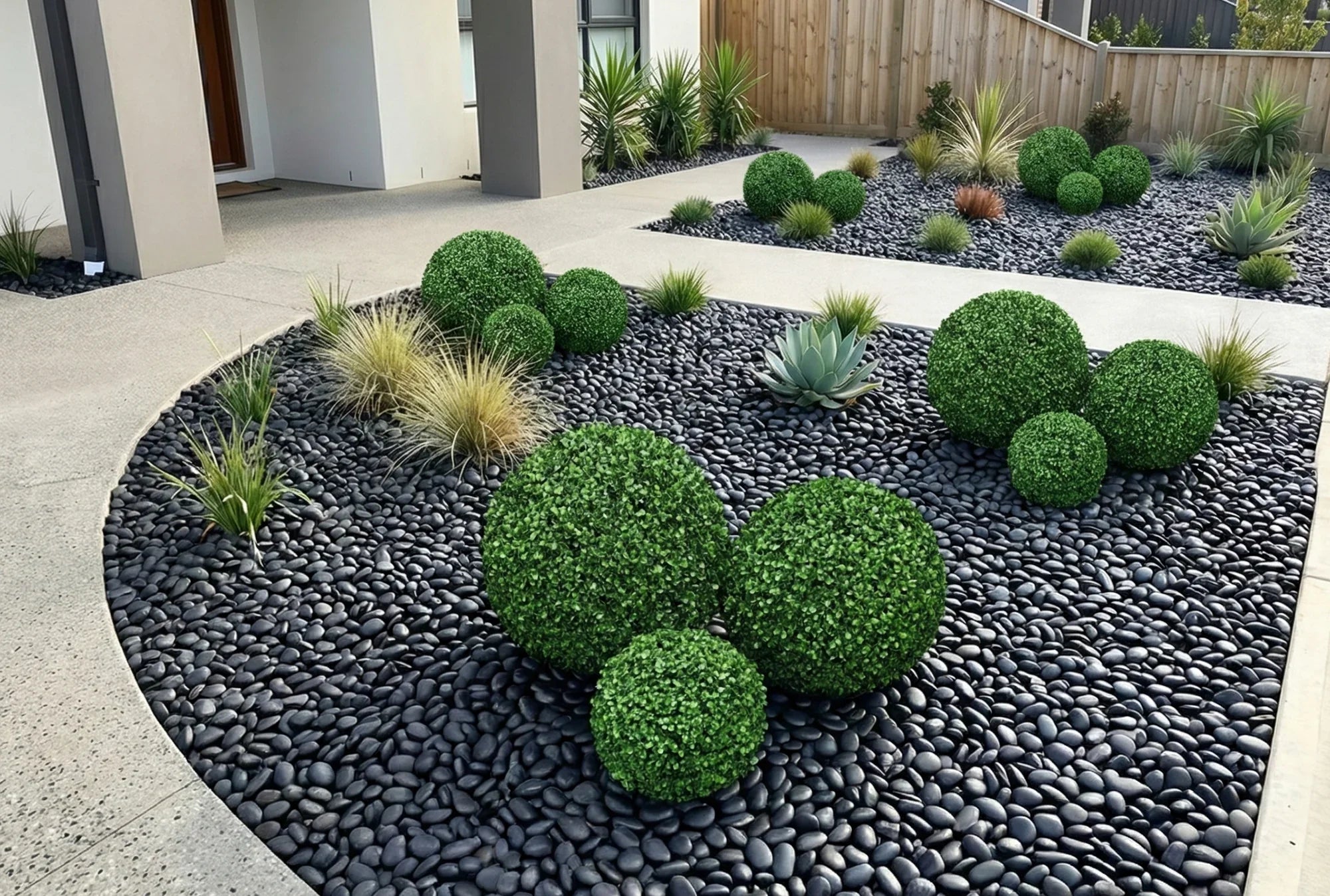 Set of two 15-inch UV-resistant artificial boxwood topiary balls by Designer Plants USA, showcasing lush green foliage.