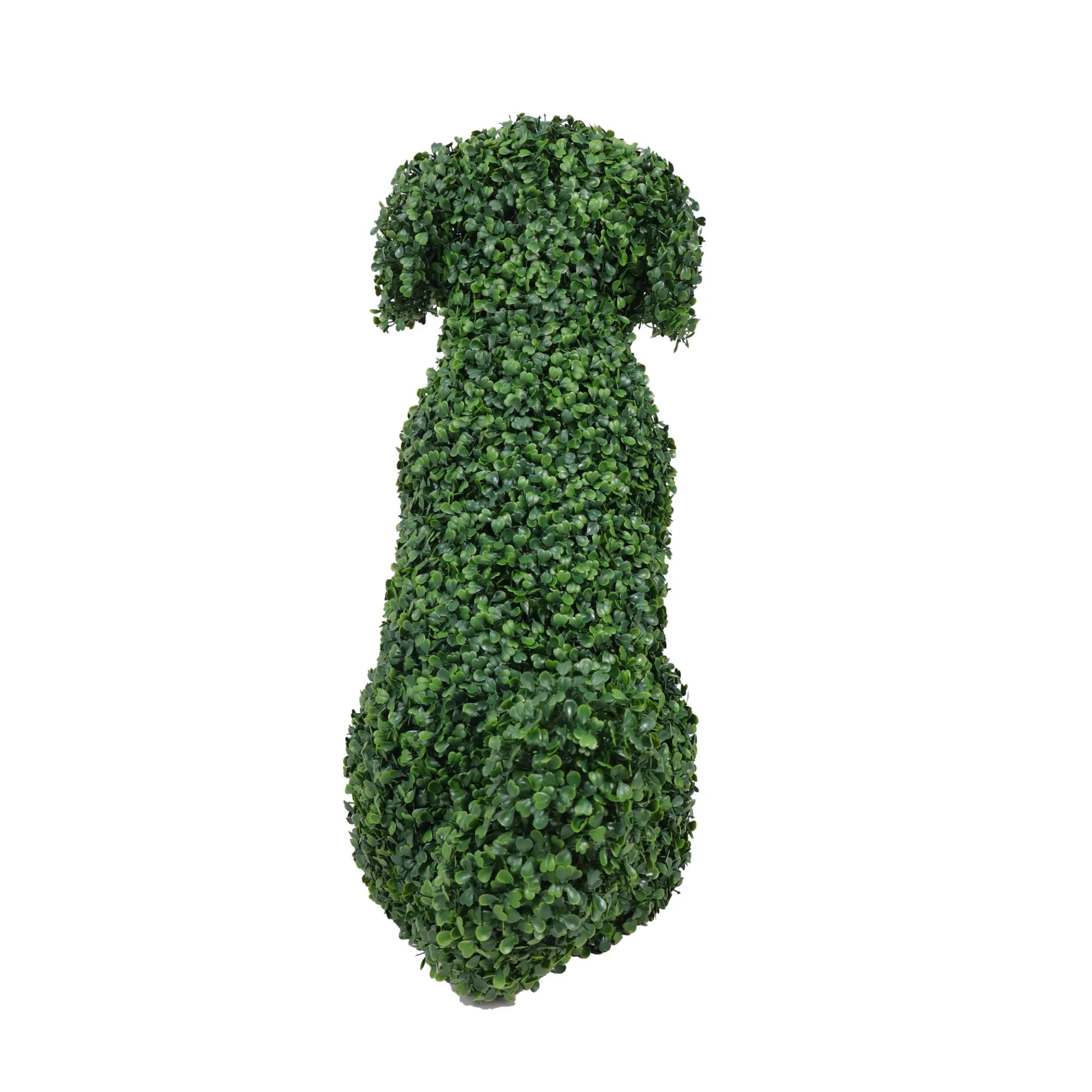Artificial Boxwood Dog Topiary from Designer Plants USA, showcasing lush green foliage in a decorative shape suitable for indoor or outdoor use.