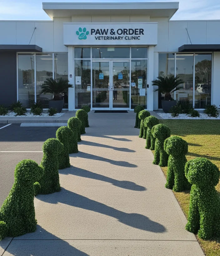 Artificial boxwood dog topiary from Designer Plants USA, suitable for indoor and outdoor commercial entrance decor.