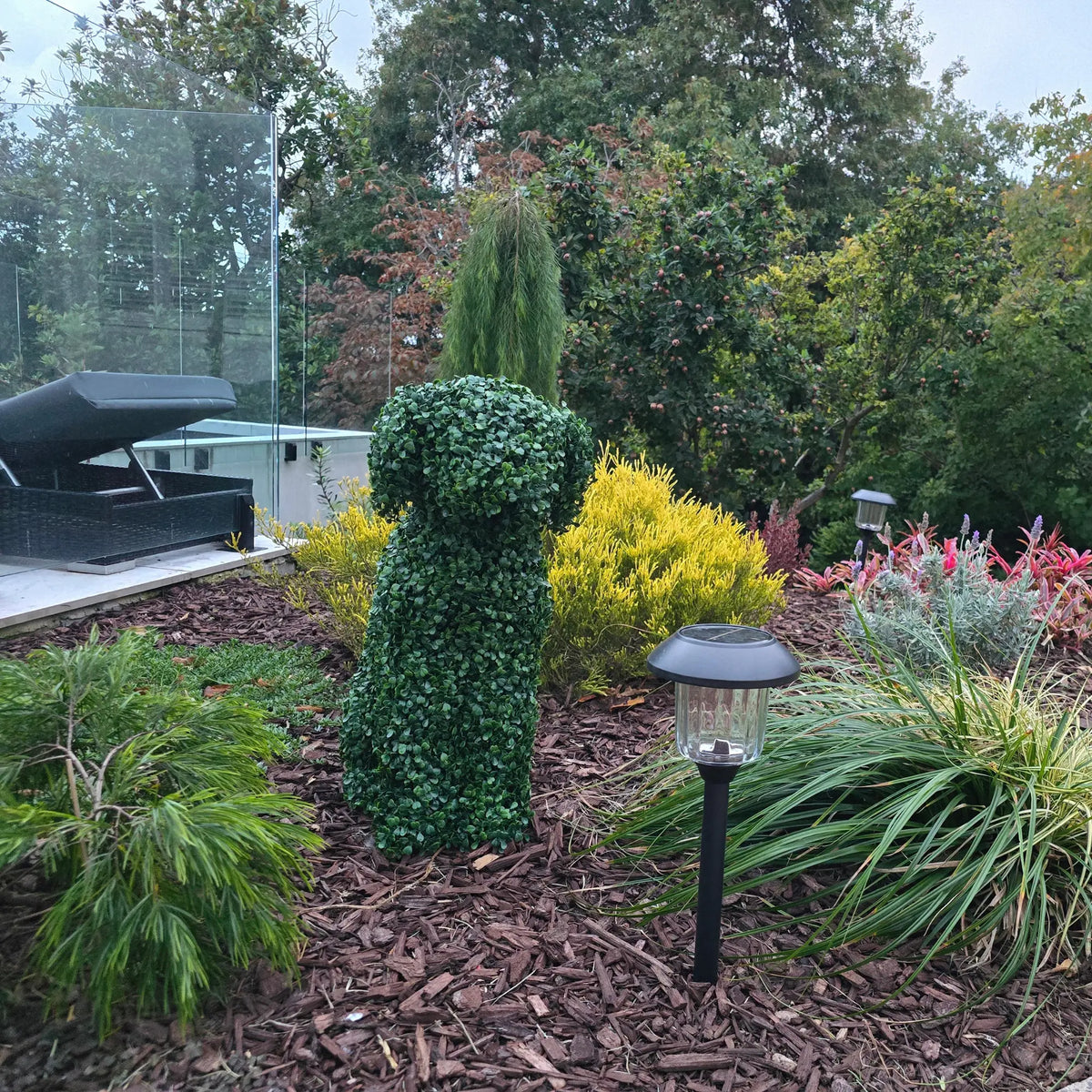 Artificial Boxwood Dog Topiary by Designer Plants USA, 60cm UV-resistant indoor and outdoor garden decor.