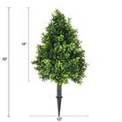Artificial 14-inch boxwood topiary shrub with ground spike, UV resistant, ideal for outdoor hedge and garden decor.