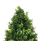 Artificial boxwood topiary shrub with ground spike, 14 inches tall, UV resistant foliage for outdoor decorative use.