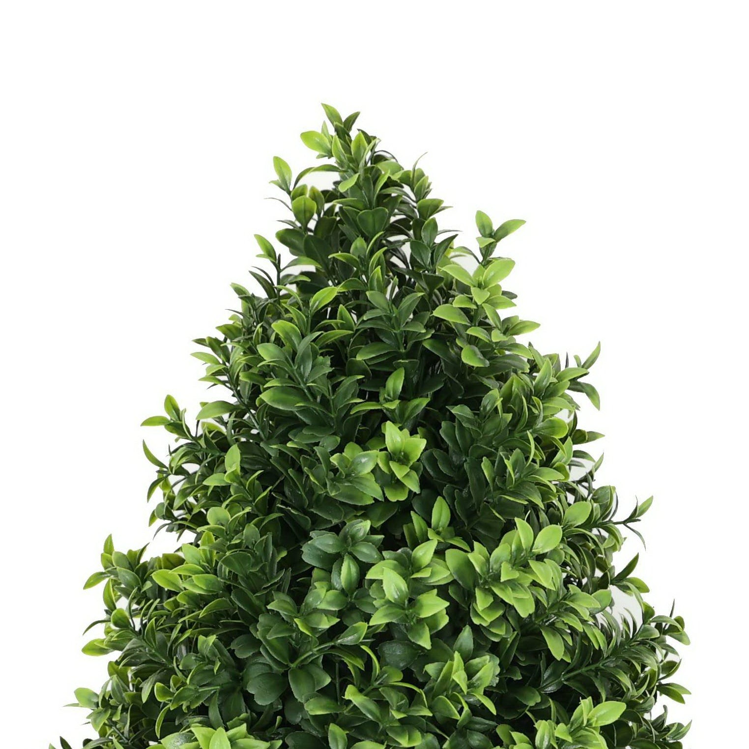 Artificial boxwood topiary shrub with ground spike, 14 inches tall, UV resistant foliage for outdoor decorative use.