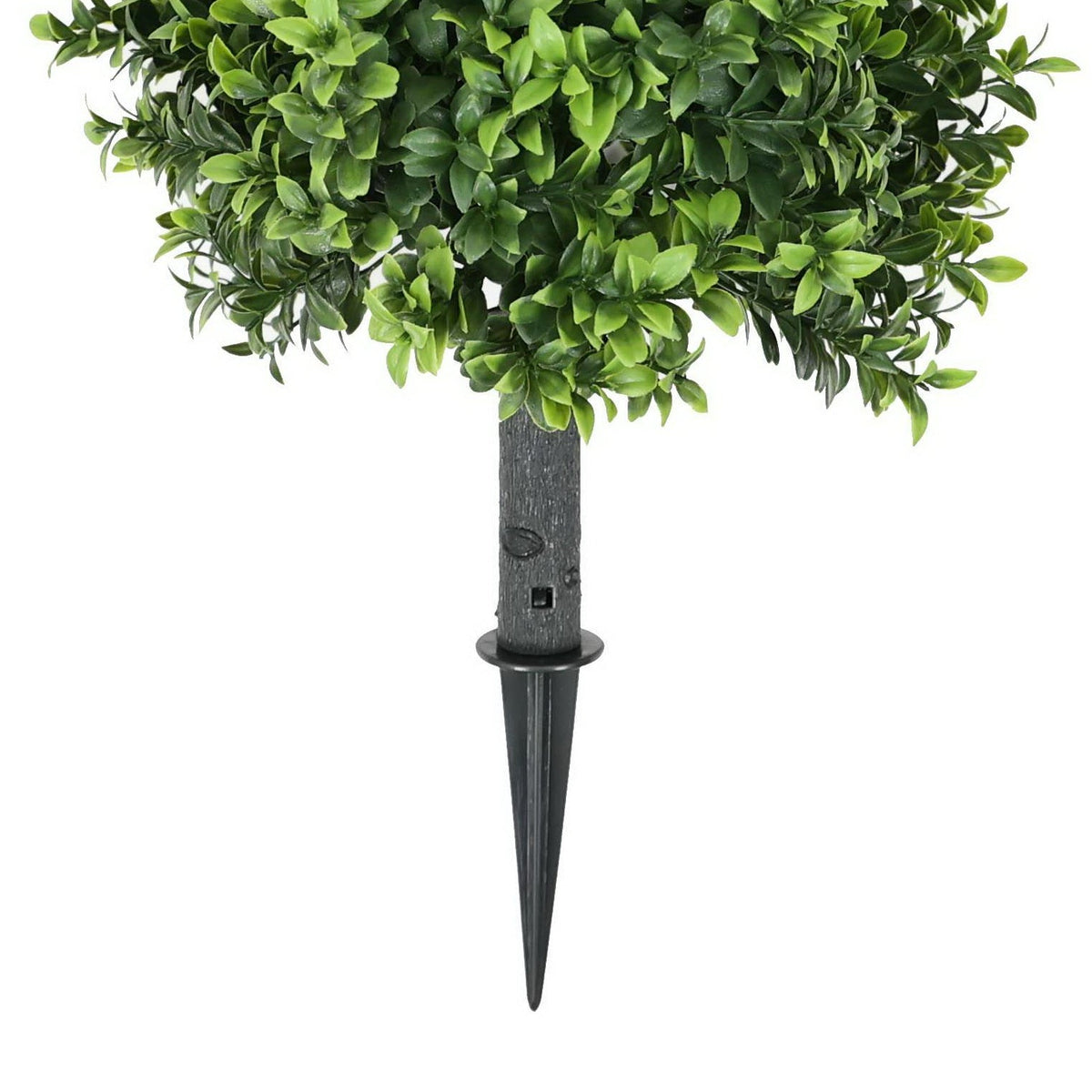 Artificial boxwood topiary shrub with ground spike, 14 inches, UV resistant, designed for outdoor decorative landscaping.