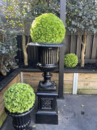 Set of 2 17-inch UV-resistant artificial rose clover topiary balls by Designer Plants USA, lush green decorative plant spheres.