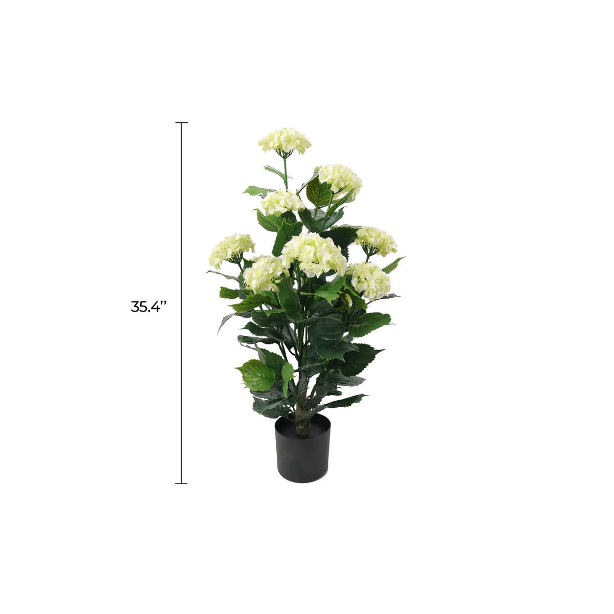 White hydrangea artificial tree, 35.4 inches tall, UV resistant, designed for outdoor use, with lush flowering white blooms.