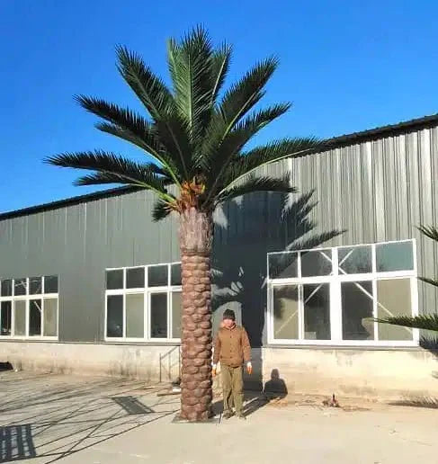 Tall 13 to 23 ft artificial Florida palm tree by Designer Plants USA, UV resistant, with lush green fronds and a sturdy trunk.