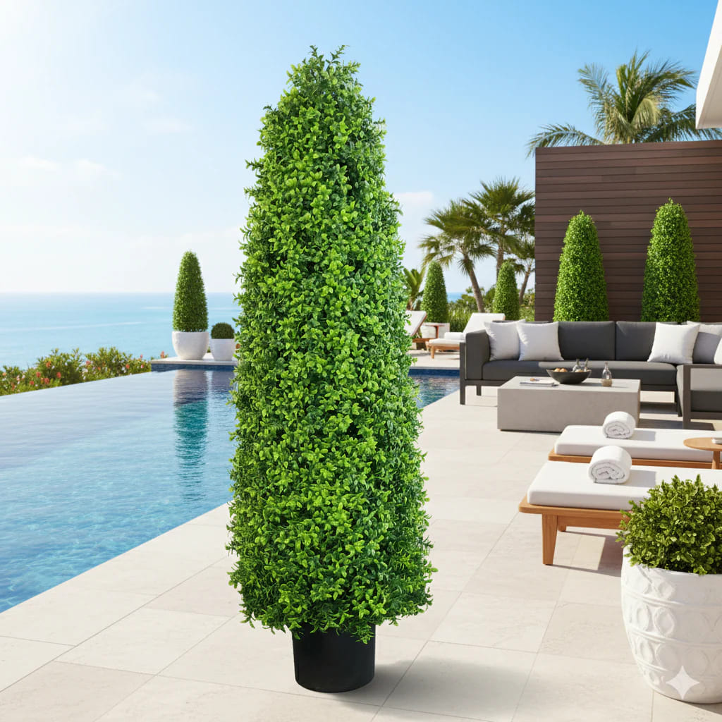 Artificial Bright Buxus topiary tree by Designer Plants USA, 47.2 inches, UV resistant, ideal for poolside outdoor decor.
