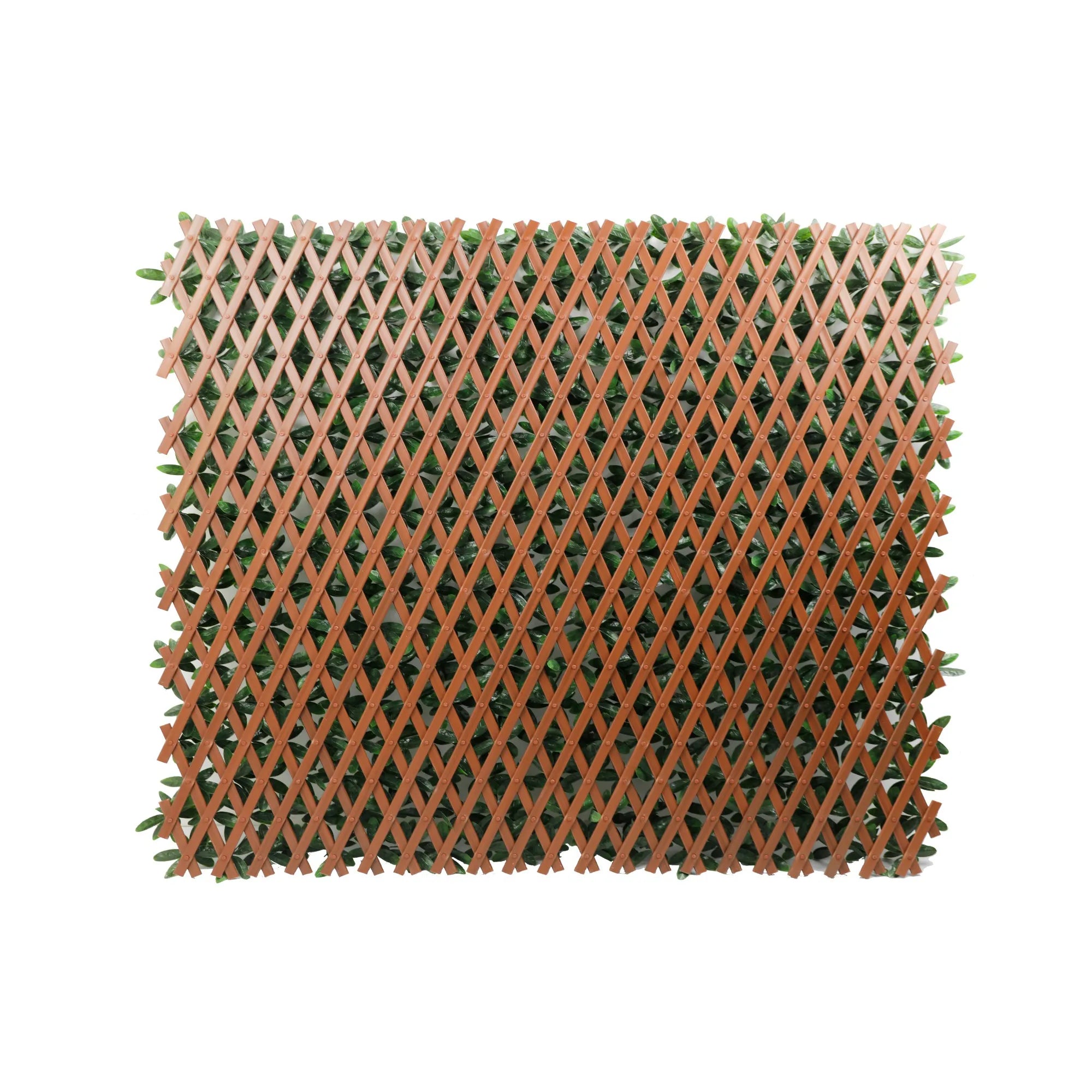 English Laurel artificial trellis privacy screen by Designer Plants USA, UV resistant, expandable, with lush green foliage for outdoor privacy.