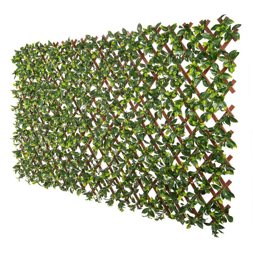 Artificial Jasmine Expandable Trellis Privacy Screen with PVC frame, UV resistant, measures 72x36 inches, by Designer Plants USA