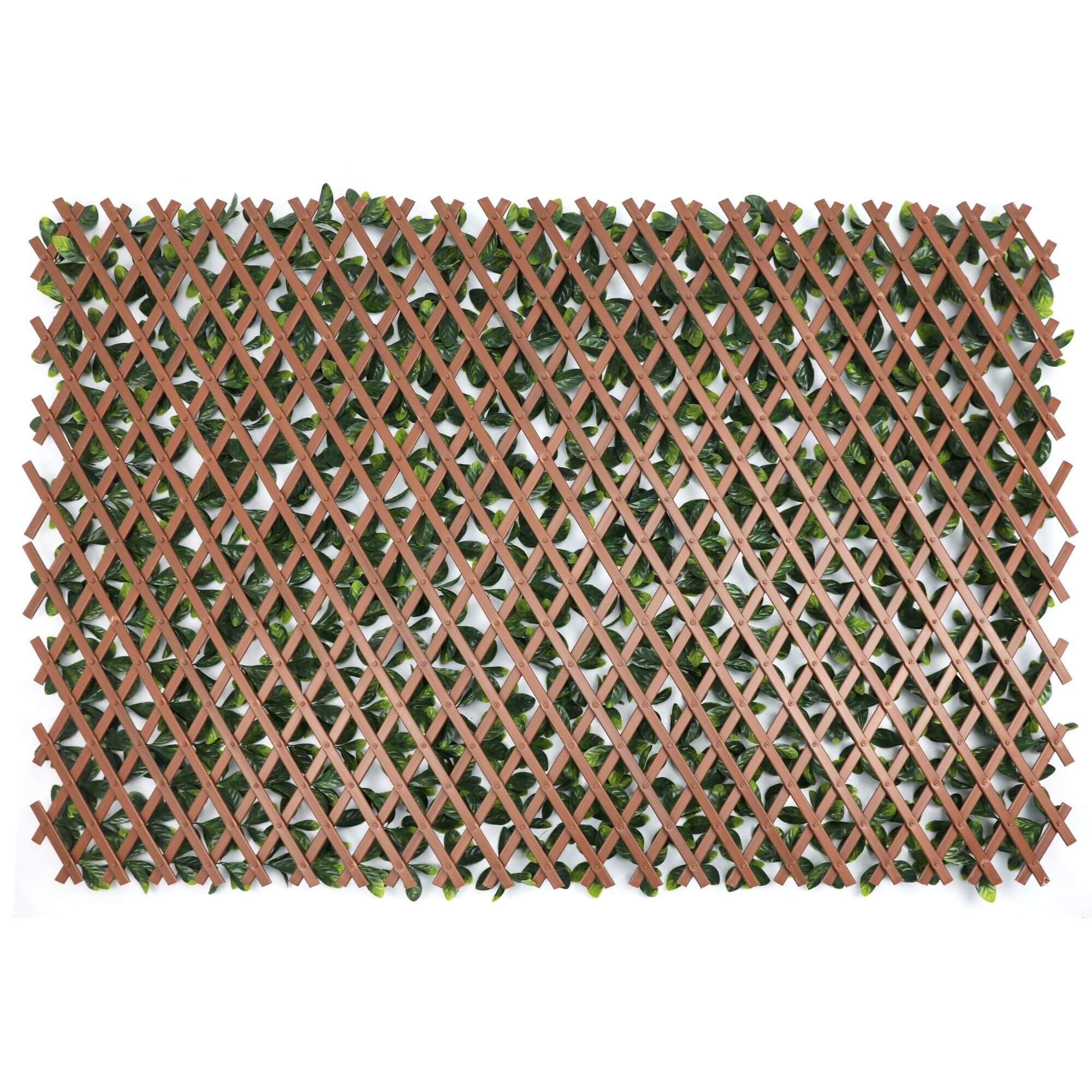 Expandable artificial Ligustrum Ficus trellis by Designer Plants USA, UV resistant privacy screen with lush green foliage.