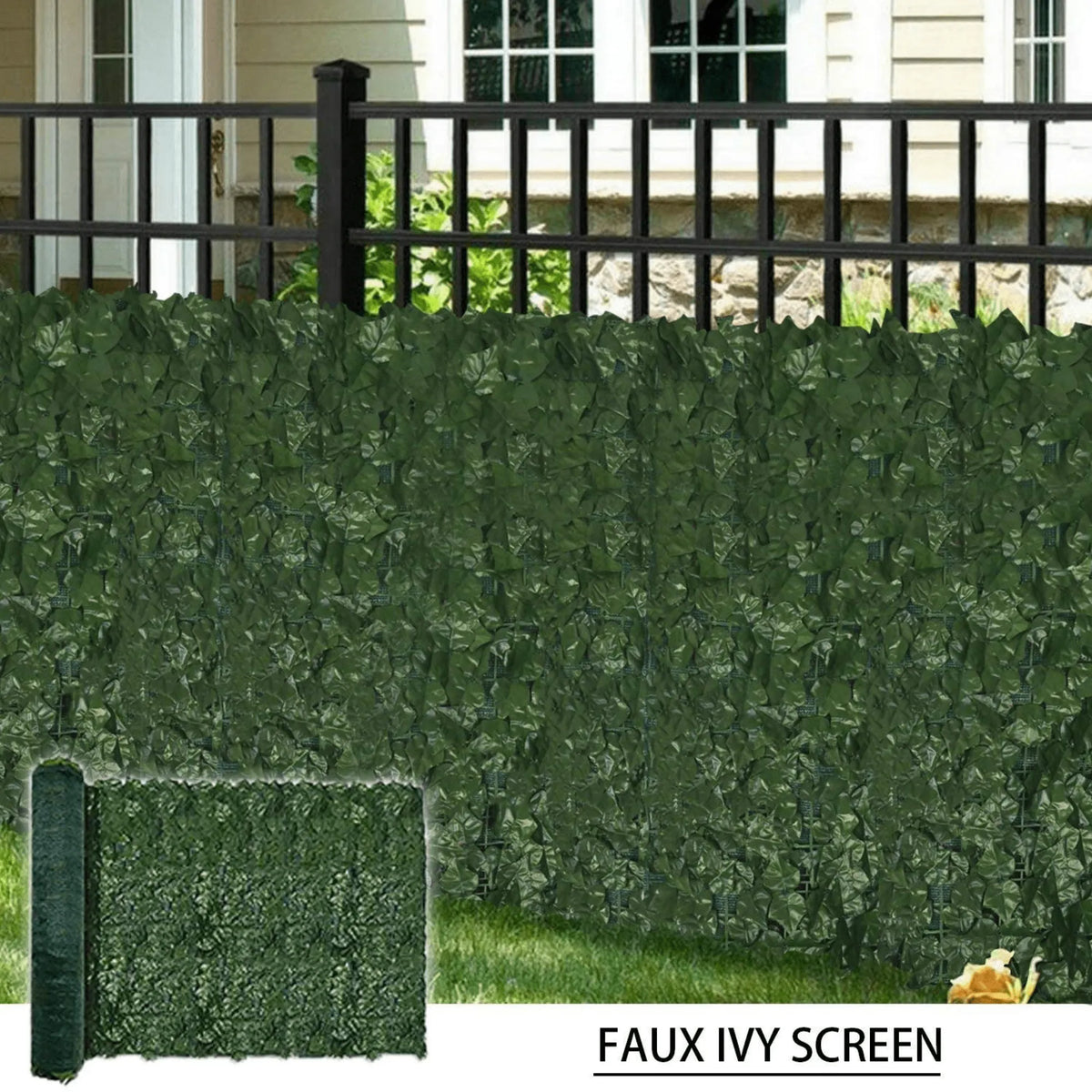 Ivy privacy fence shade cloth by Designer Plants USA, 120x40 inches, black mesh backing for outdoor privacy and sun protection.