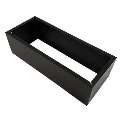 Side view of a black metal planter trough designed for artificial hedges by Designer Plants USA.