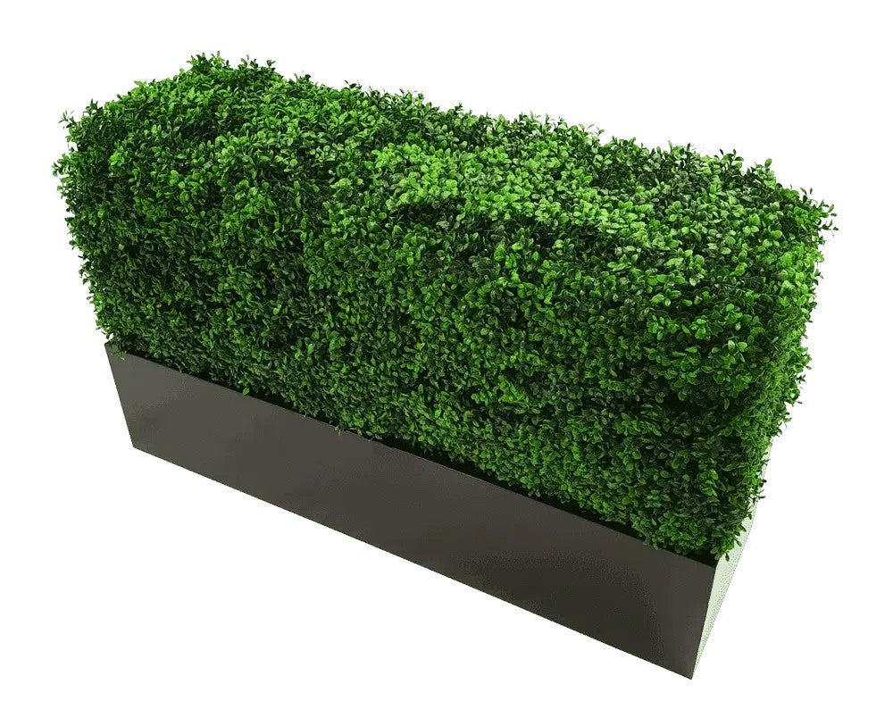Medium black metal planter for artificial hedges, designed for installation, by Designer Plants USA.