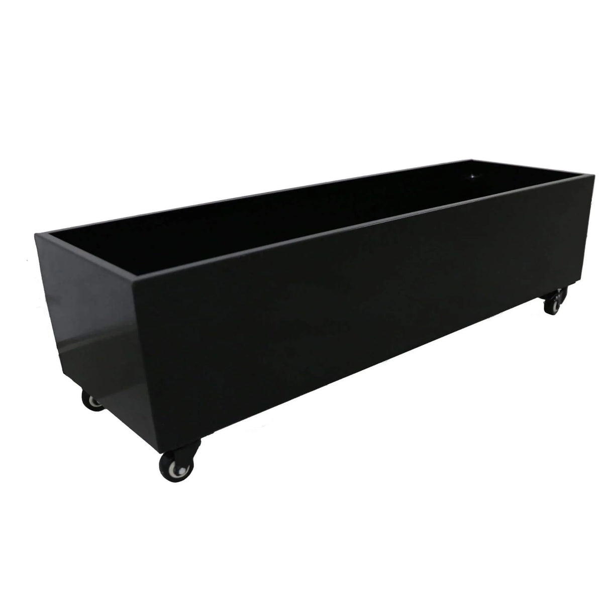 Medium black metal planter with wheels for artificial hedges, shown from a side view, designed for garden or outdoor installation.