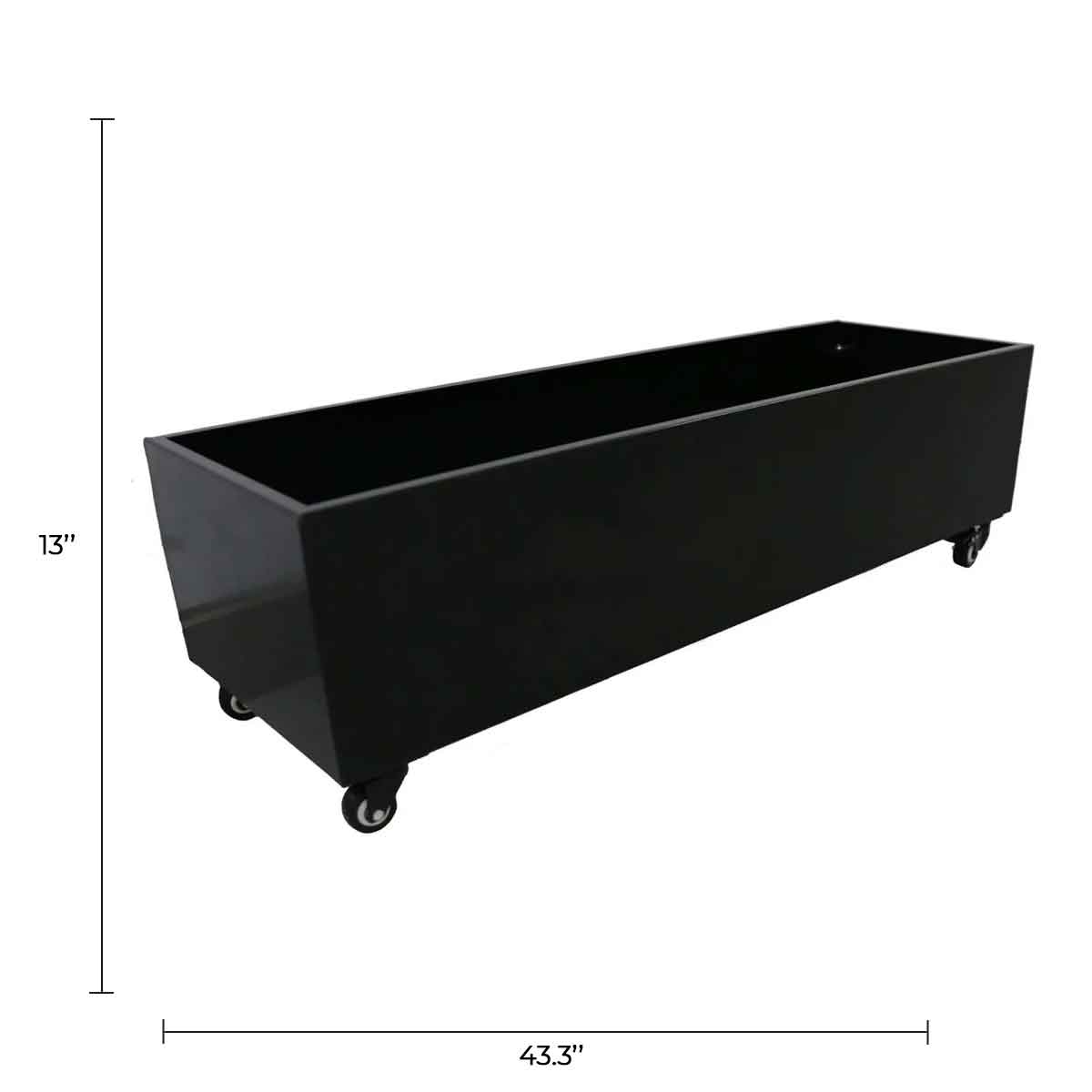 Medium black metal planter with wheels for artificial hedges, designed by Designer Plants USA, ideal for versatile outdoor or indoor use.